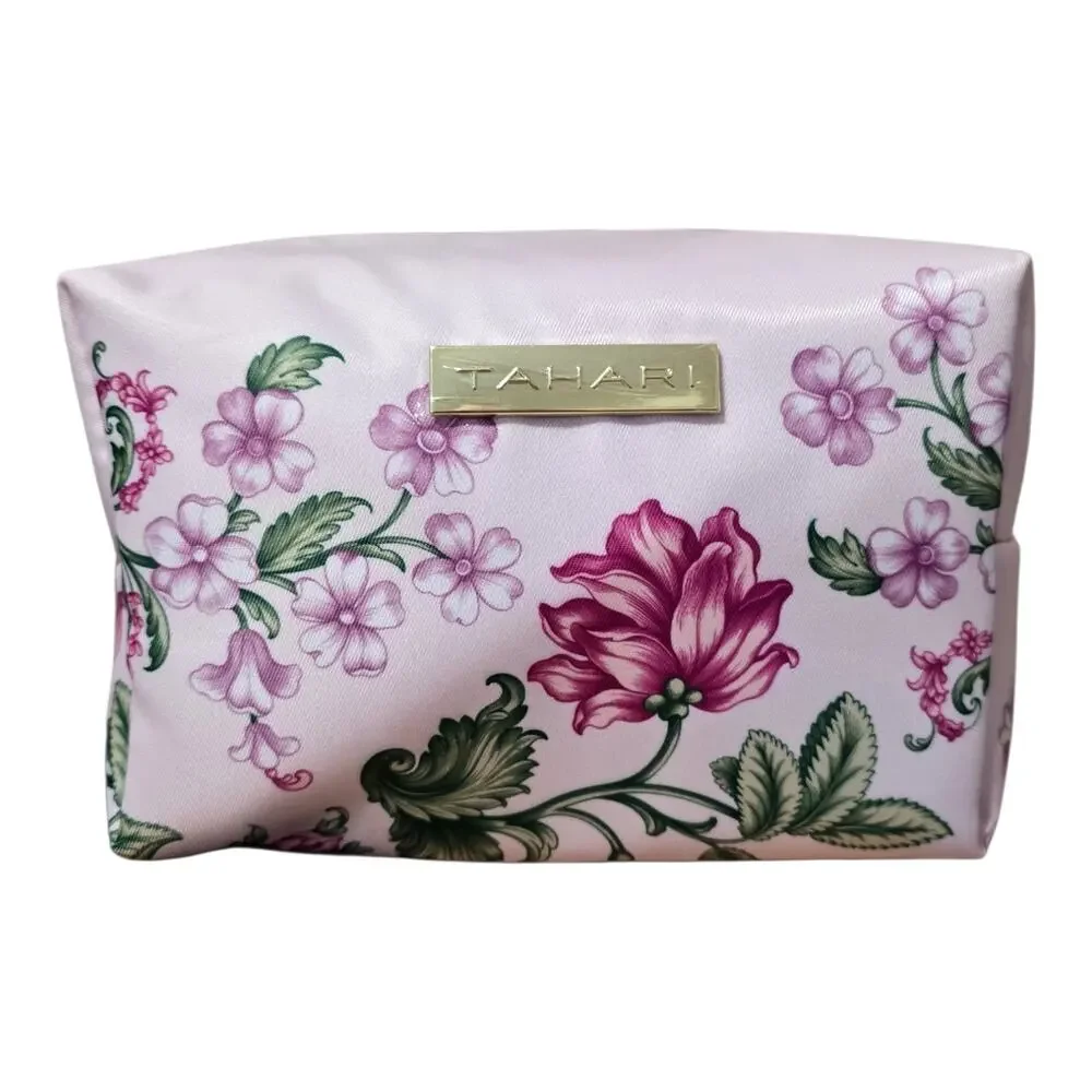 Tahari Pink Floral Medium Cosmetic Bag Makeup Travel Case Toiletry Pouch NWT